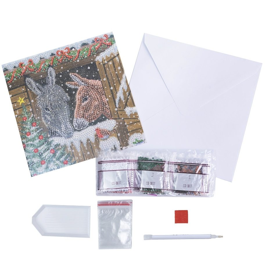 CCK-XM137 Winter Donkeys- Crystal Art Card Craft Kit contents