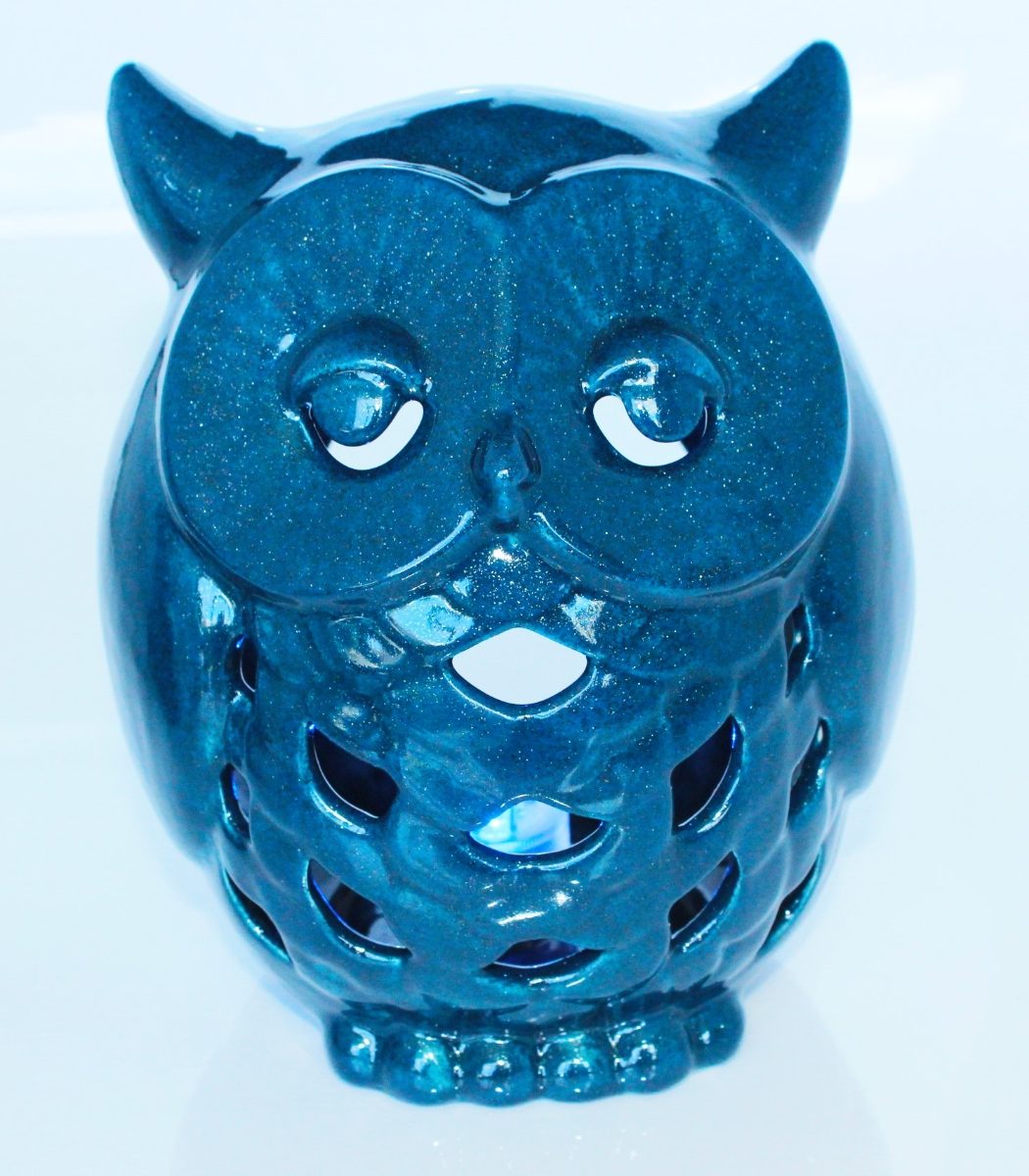 Owl Lantern with Blue Glitter Glaze