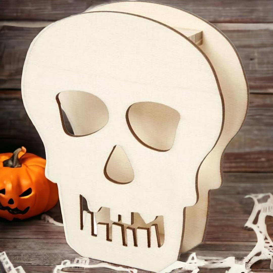Wooden Halloween Skull 13.5cm H