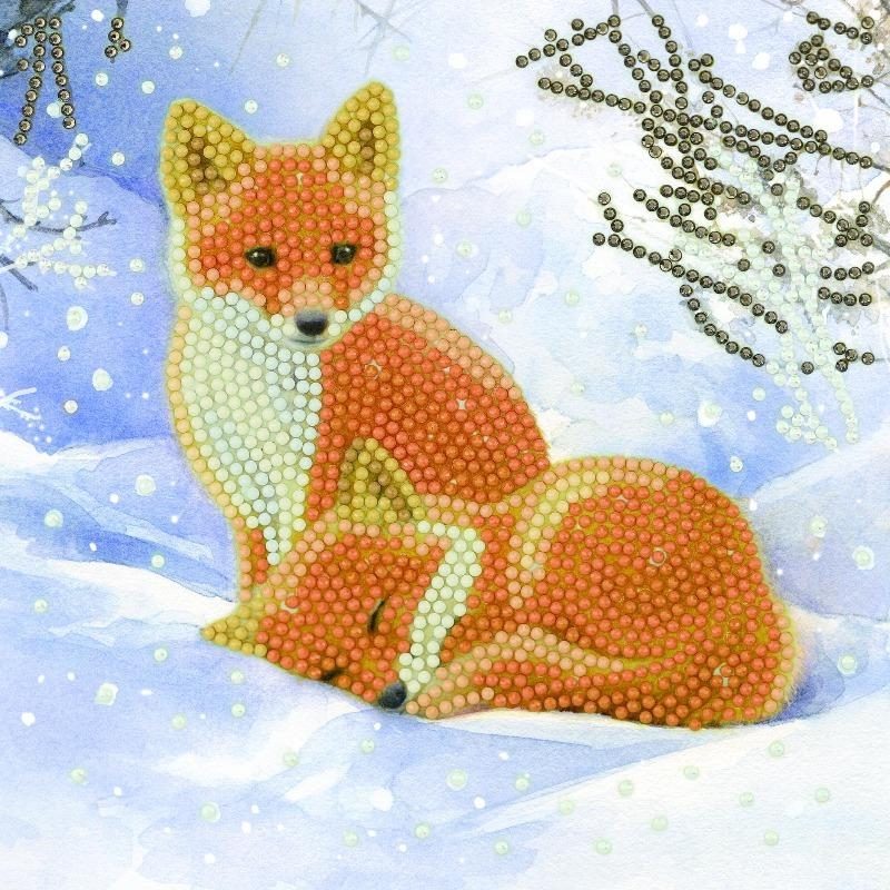 Snowy Fox Cubs - 18 x 18cm - Crystal Art Card Kit