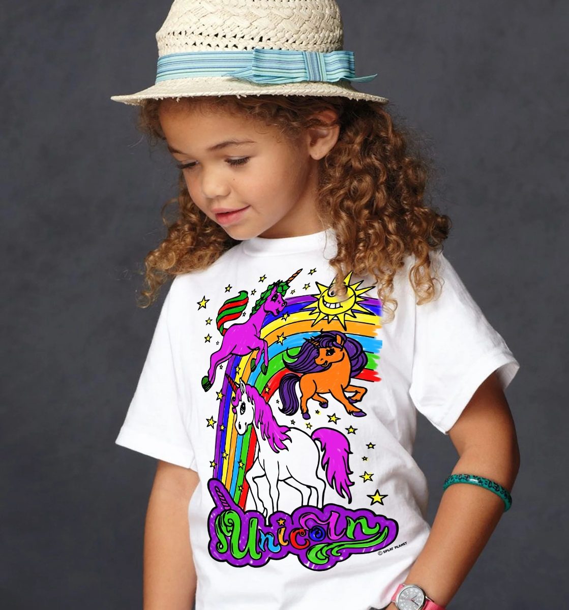 Unicorn Kids Colour In T-Shirt and Colouring Pens Worn
