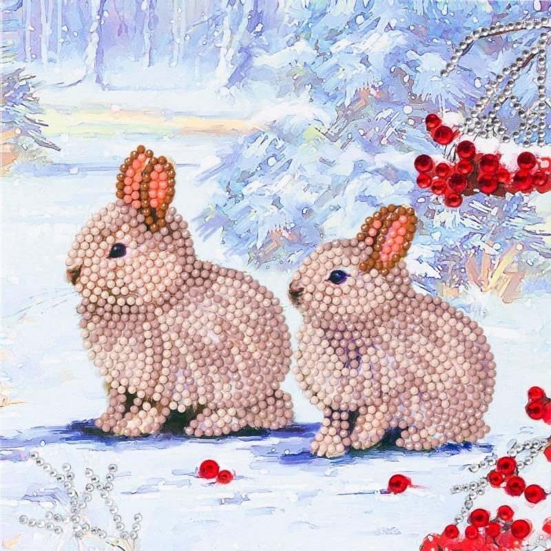 Winter Bunnies - Crystal Art Card 18 x 18cm