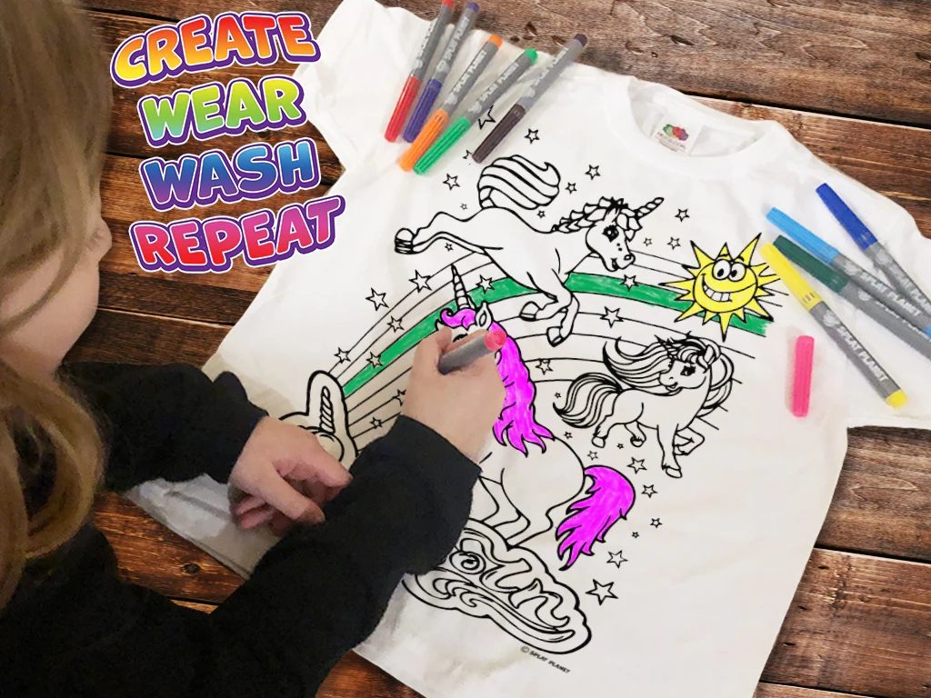Unicorn Kids Colour In T-Shirt and Colouring Pens Colouring