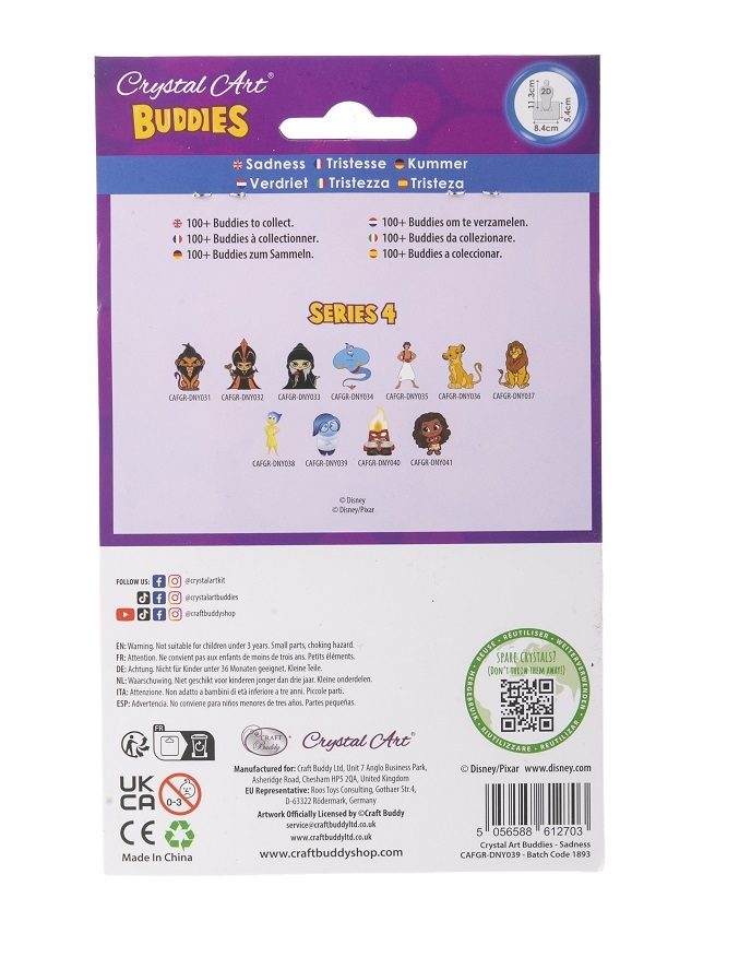 CAFGR-DNY039 Sadness- Disney Crystal Art Buddy Kit packaging reverse