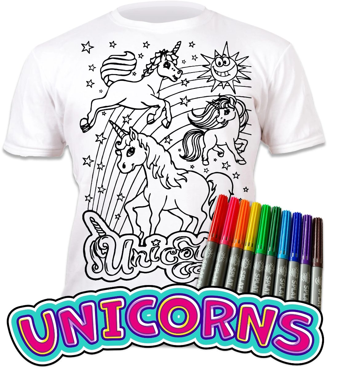 Unicorn Kids Colour In T-Shirt and Colouring Pens